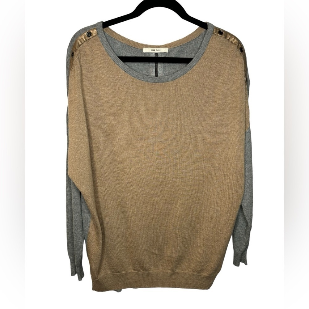 AMS PURE Rivet Sleeve V Neck Color Block Back Zip Cashmere Blend Sweater Size 6